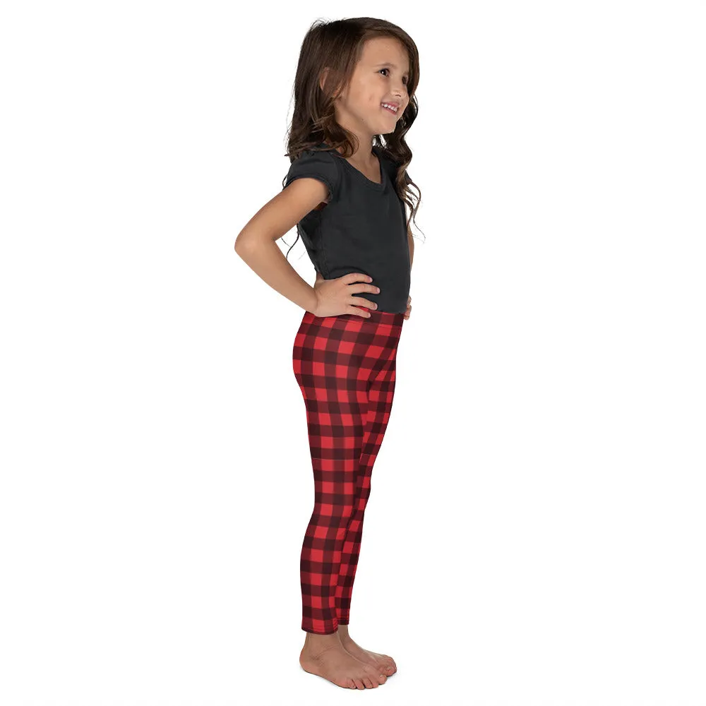 Red Buffalo Plaid Kids Leggings (2T-7) for Girls, Cute Printed Holiday Christmas Checkered Check Workout Lumberjack Yoga Pants