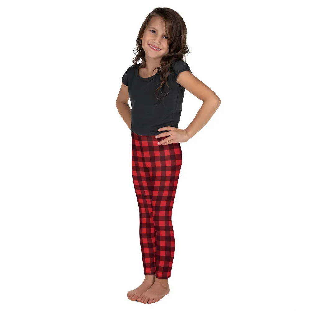 Red Buffalo Plaid Kids Leggings (2T-7) for Girls, Cute Printed Holiday Christmas Checkered Check Workout Lumberjack Yoga Pants