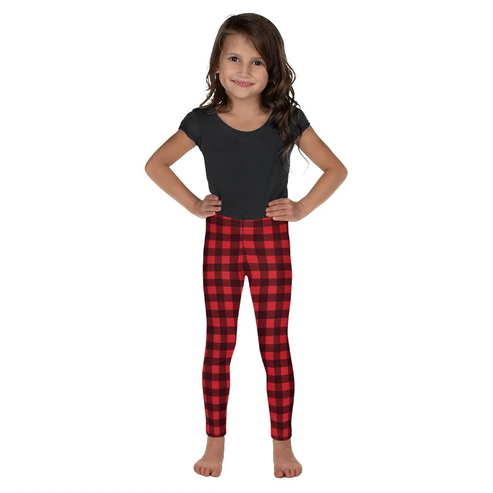 Red Buffalo Plaid Kids Leggings (2T-7) for Girls, Cute Printed Holiday Christmas Checkered Check Workout Lumberjack Yoga Pants