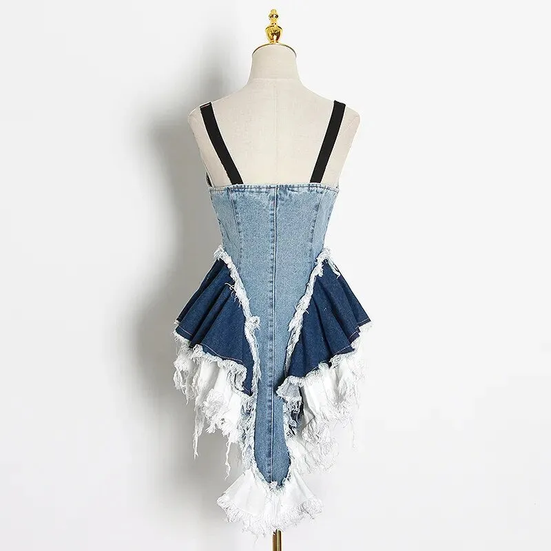 Sexy Patchwork Denim Women Tops Square Collar Sleeveless Spaghetti Strap Tunic Mesh Ruffles Hit Color Vests Female