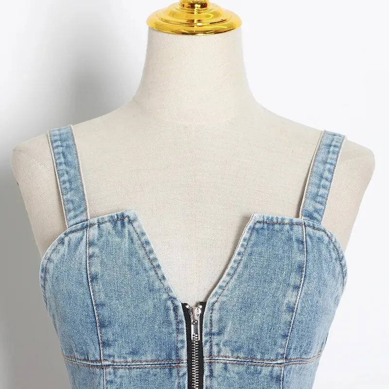 Sexy Patchwork Denim Women Tops Square Collar Sleeveless Spaghetti Strap Tunic Mesh Ruffles Hit Color Vests Female