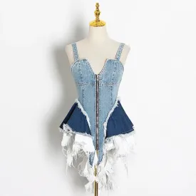 Sexy Patchwork Denim Women Tops Square Collar Sleeveless Spaghetti Strap Tunic Mesh Ruffles Hit Color Vests Female