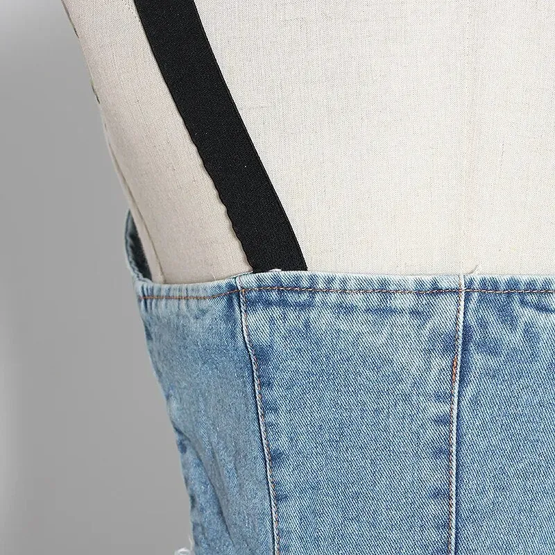 Sexy Patchwork Denim Women Tops Square Collar Sleeveless Spaghetti Strap Tunic Mesh Ruffles Hit Color Vests Female