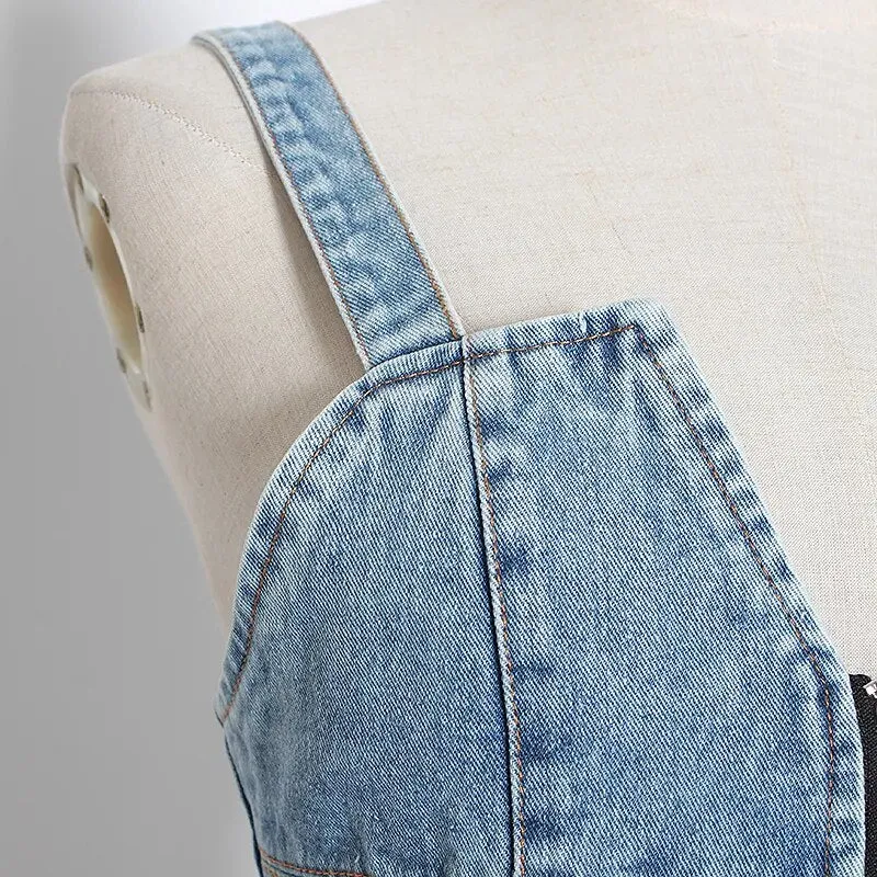 Sexy Patchwork Denim Women Tops Square Collar Sleeveless Spaghetti Strap Tunic Mesh Ruffles Hit Color Vests Female