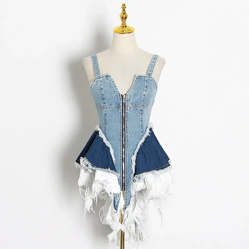 Sexy Patchwork Denim Women Tops Square Collar Sleeveless Spaghetti Strap Tunic Mesh Ruffles Hit Color Vests Female